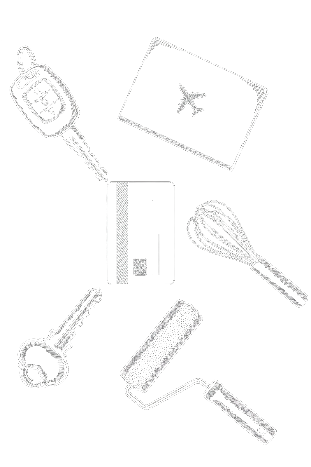 Pencil-sketch still life of things a box-spread loan can fund: a house key, a car key, a paint roller, a credit card, a passport, and a whisk